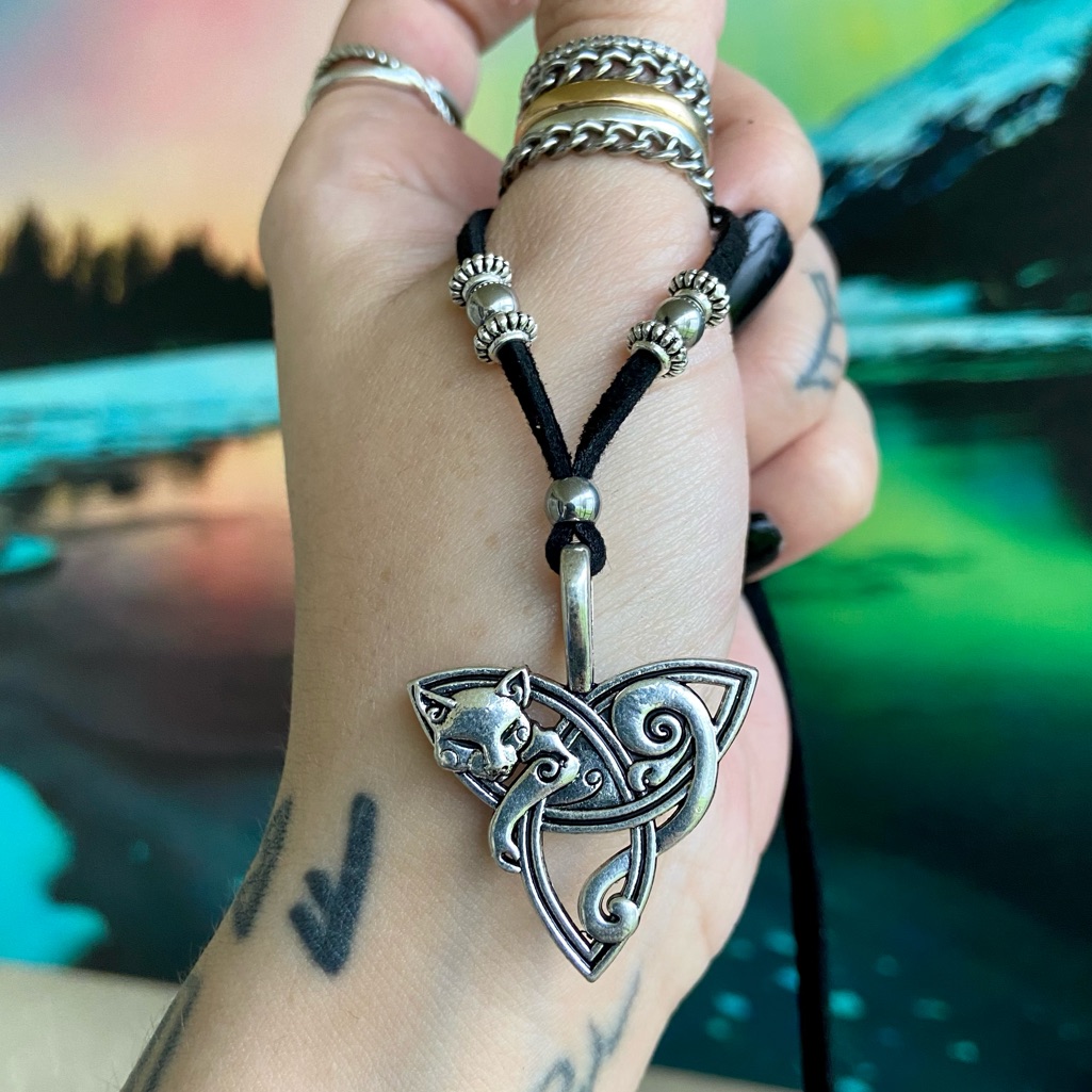 Celtic Knot Cat Fox Charm On Black Adjustable Cord